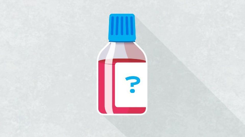 A bottle with a blue cap, containing pink cell culture medium. The bottle is labelled with a question mark.