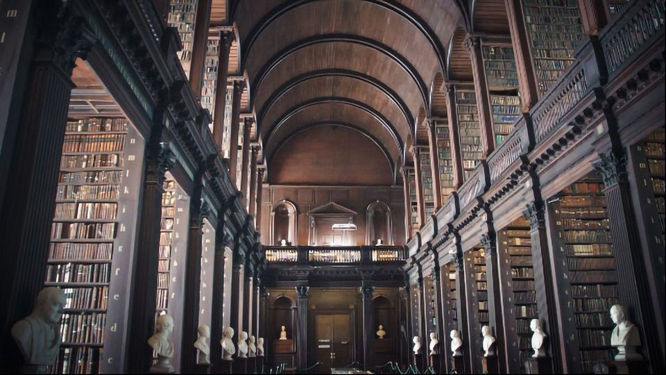 The inside of a large library showing wooden bookcases lined with white statues of peoples heads.