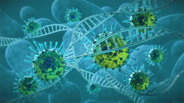 Viruses surrounded by various DNA double helices, representing viral genetics and immune evasion. 