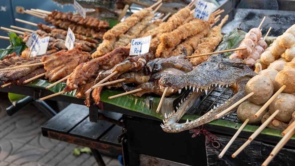 Crocodile meat on sale at a market.