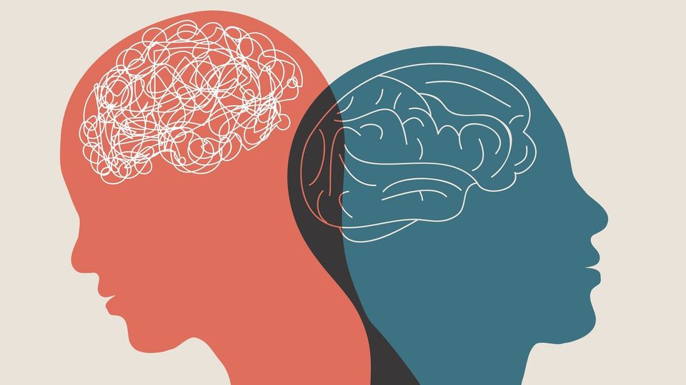 The outline of two people showing their brains, one is more muddled representing anxiety and depression.