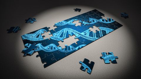 An incomplete jigsaw puzzle showing an image of three strands of DNA.