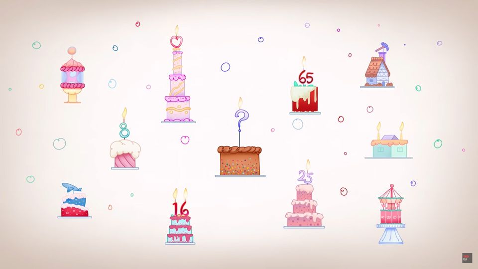 An illustration of eleven birthday cakes, some with numbers on.