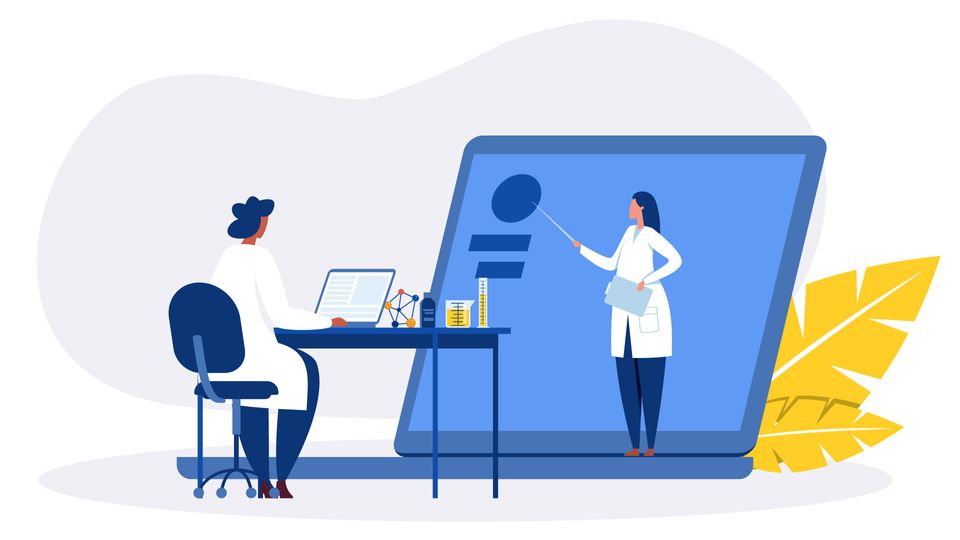  Illustration of a scientist on a laptop while another researcher presents data on a large digital screen.