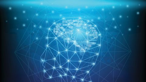 A brain network made up of binary code.