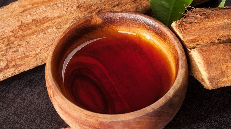 A wooden cup containing ayahuasca tea. 