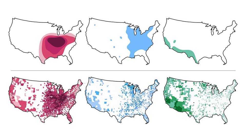 Six maps of the US showing the distribution of three species of fungi, Histoplasma (in red), Blastomyces (in blue) and Coccidioides (in green). The top row shows data from 1955 and the bottom row from 2007 to 2016.