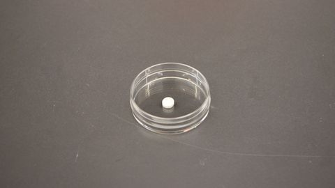 A very small tablet in a dish.