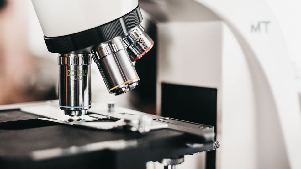 A close up of the lenses of a microscope, with a glass slide on the microscope stage.