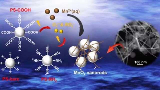 Illustrations showing the chemical process by which magnesium oxide forms on polystyrene nanoplastics. 