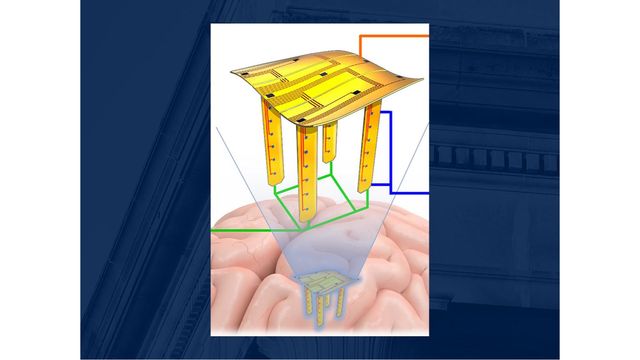 A illustration showing a sensor electrode device that can be popped up into 3D geometry before being inserted into the brain.