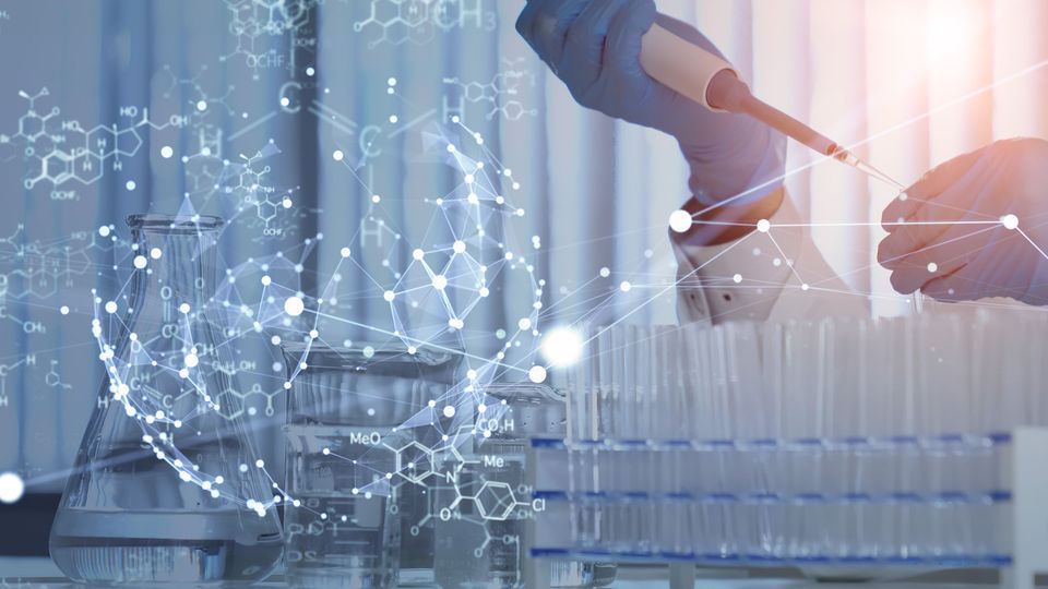 A scientist uses a pipette while wearing blue gloves. The image is overlaid with white dots and lines to represent a network.