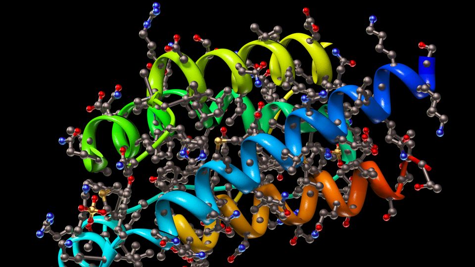 3D rendering of protein structures using computer modeling techniques.