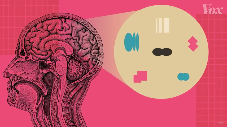 A brain and different shapes on a pink background.