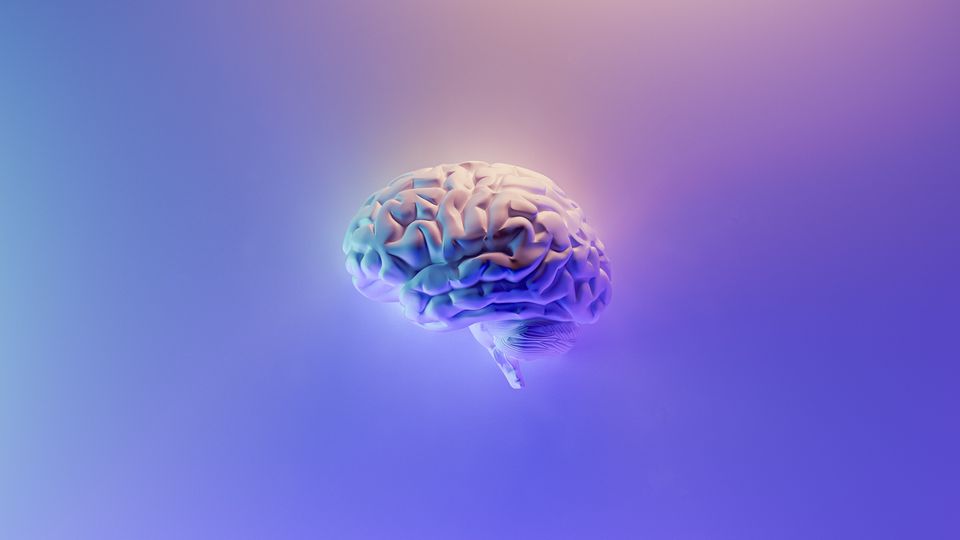 A 3D render of a brain on a purple background.