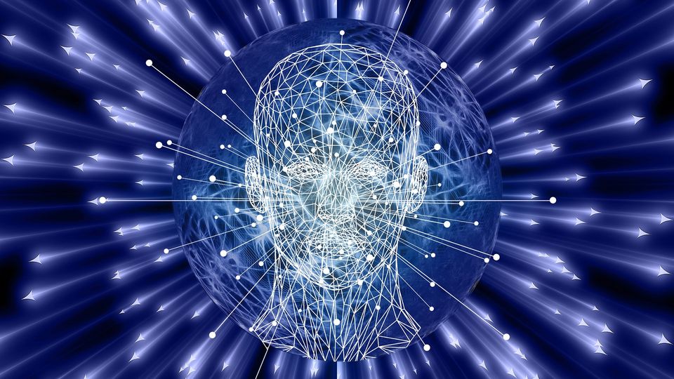 White lines and arrows coming out of a human head.