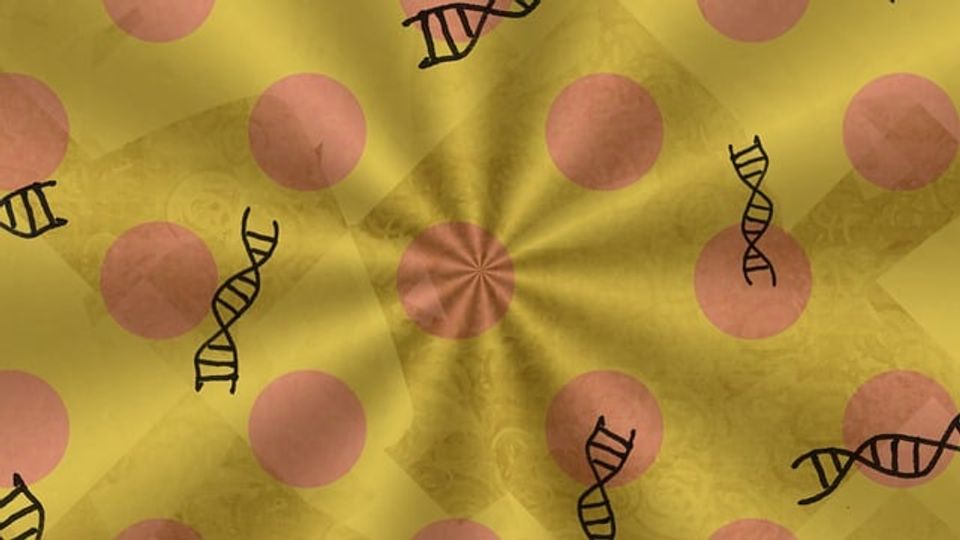 Illustration of DNA double helices on a yellow and pink polka dot background. 