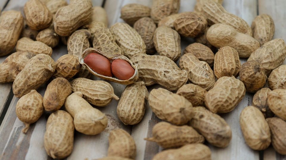 Peanuts, one cracked, on a table.