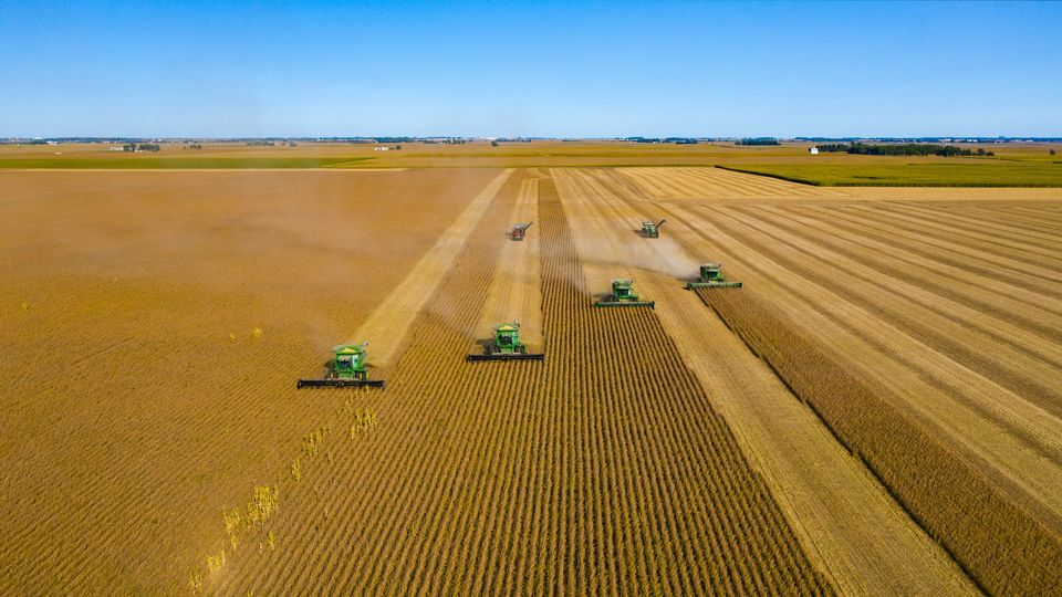 Tractors in fields.