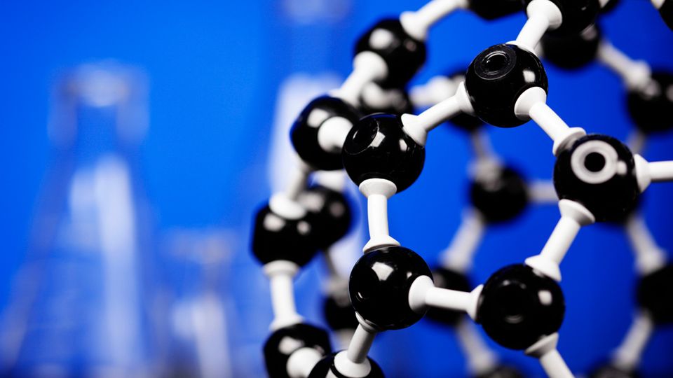 A stick-and-ball model of a fullerene compound
