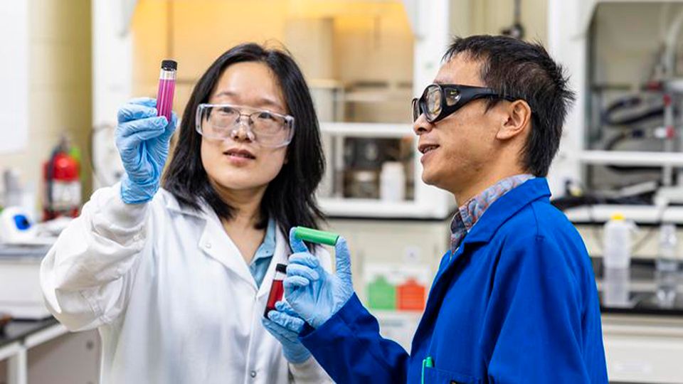 Two scientists holding up batteries.