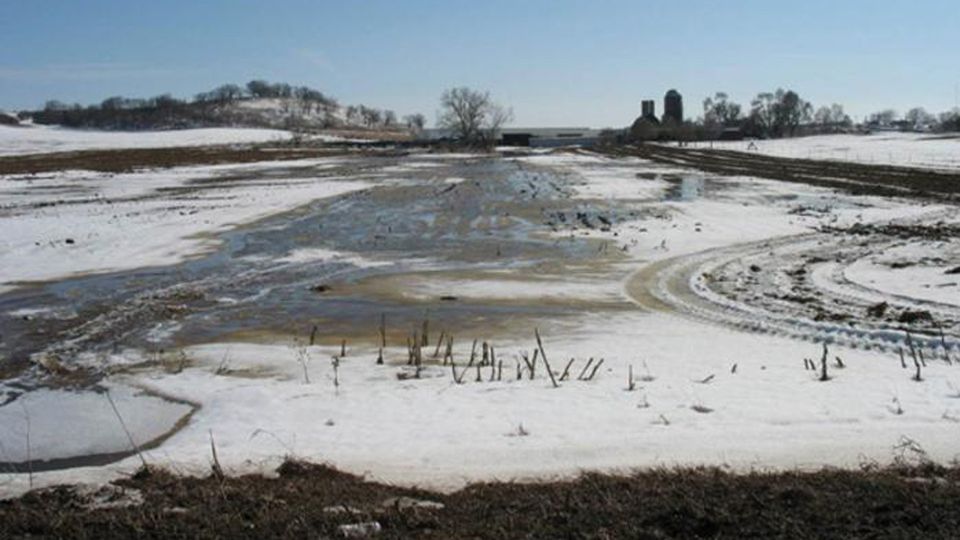 Thawing caused by warm winter weather increases manure runoff in fields.