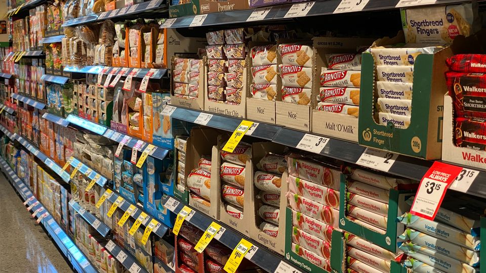 An aisle in a supermarket.