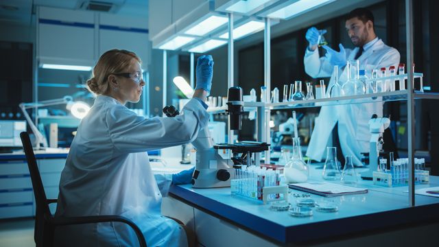 Two scientists in lab coats working at a laboratory bench. 