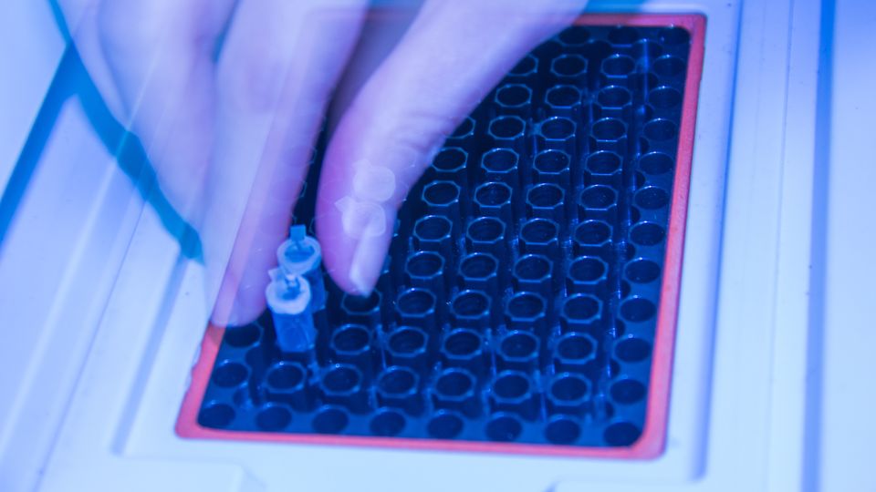 An individual loading a PCR machine.