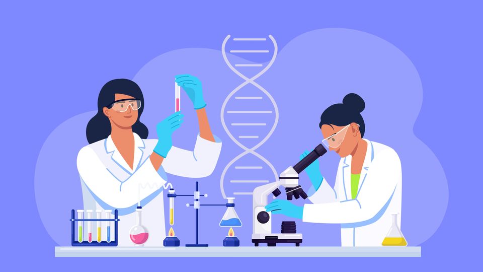 Cartoon of two scientists in a lab.