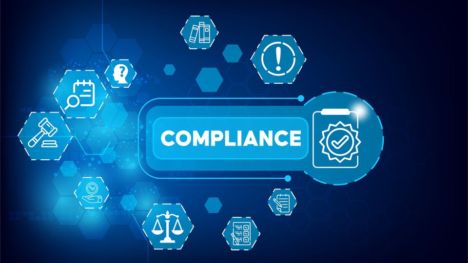 Symbols relating to compliance on a blue background