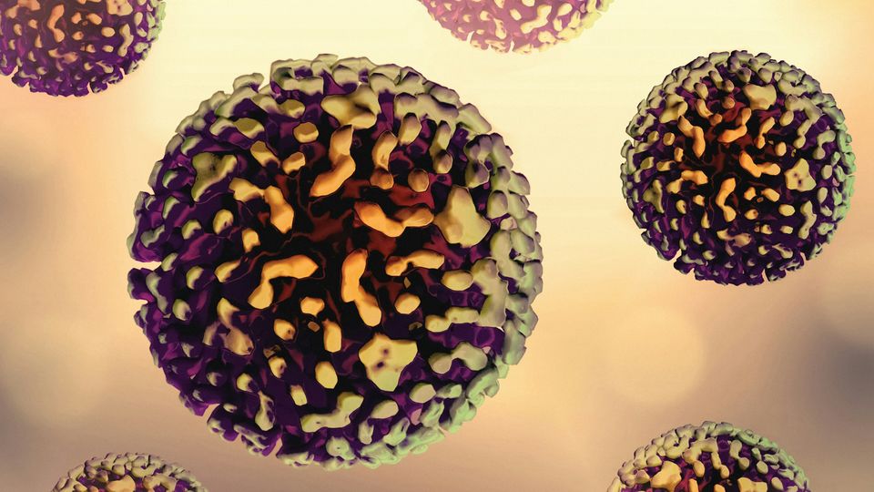 Colorized 3D print imagery of hepatitis B virus.