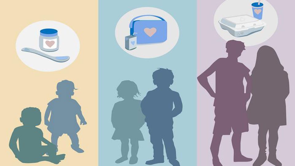 Silhouettes of infants, young children and teenagers, along with illustrations of lunch-food containers typical for each age group.