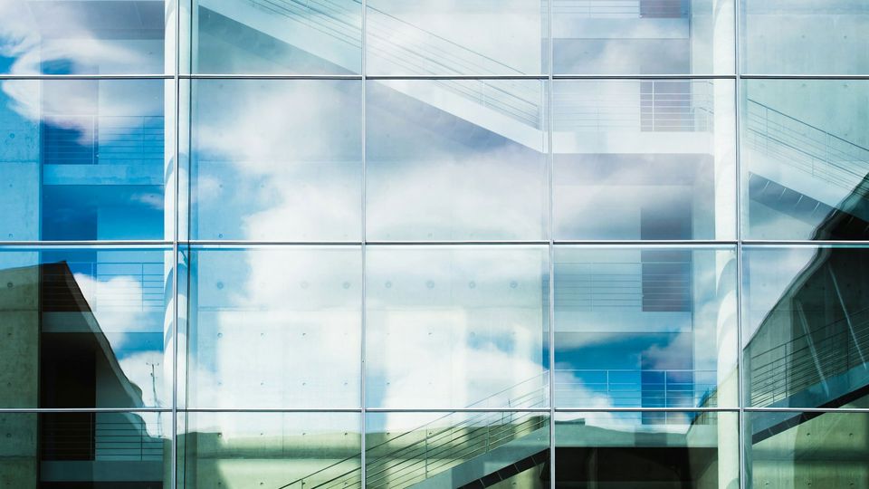 Windows reflect sunlight.