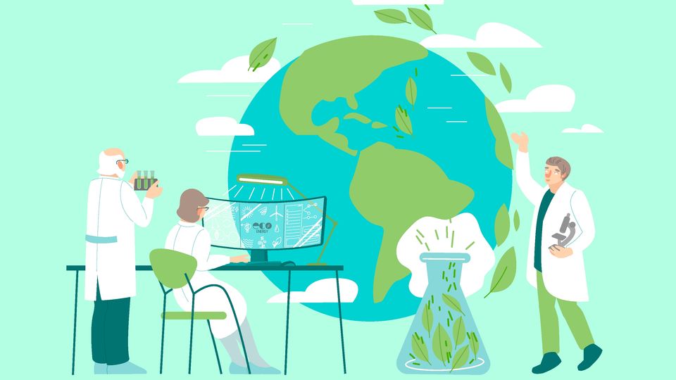 Cartoon of scientists featuring the earth in the background.