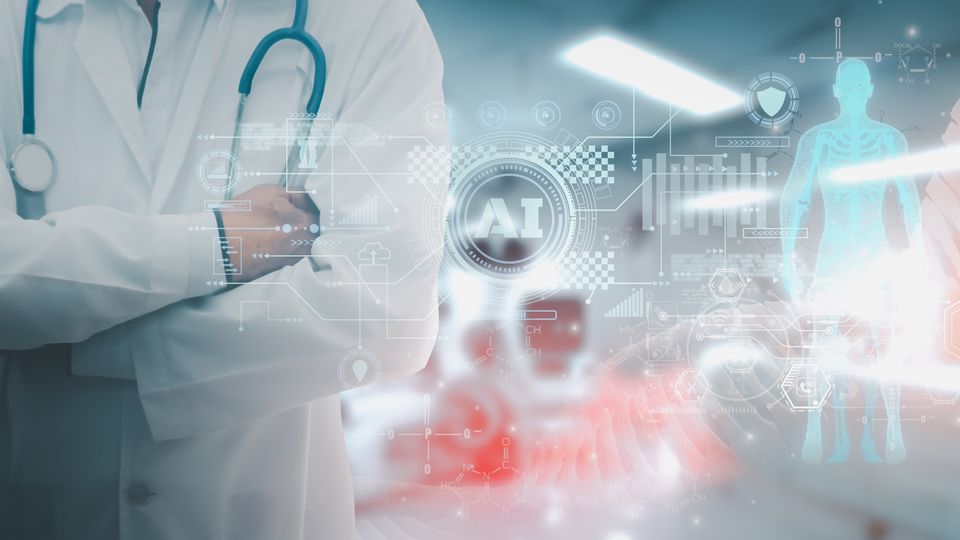 A doctor in a lab coat with the word AI overlayed.
