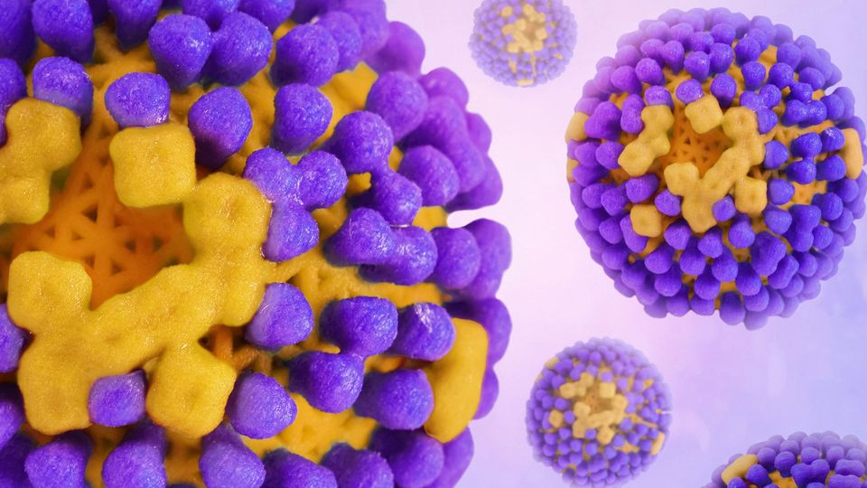 A 3D rendering of a flu virus, with surface proteins colored purple and orange.