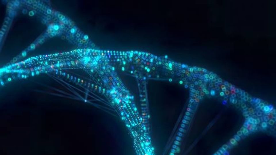 Digitally generated DNA fragment on a dark background
