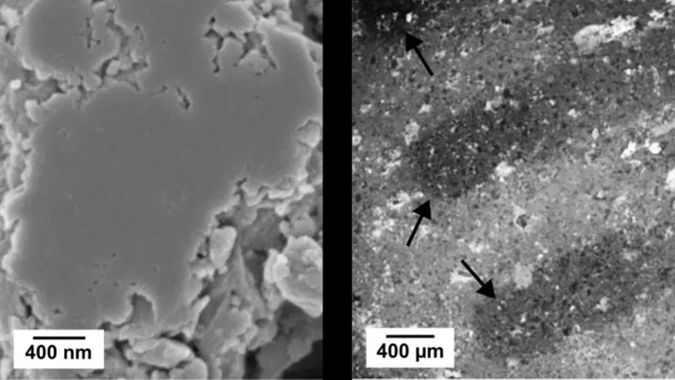 Two side-by-side microscope images of a solid state battery.