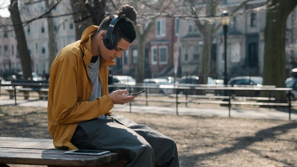 A teen sits on a wooden table using his phone.