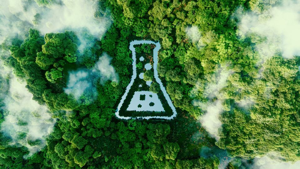 An outline of a beaker surrounded by trees.