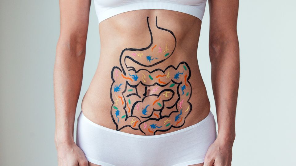 Female with an illustration on her abdomen of intestines with colourful bacteria