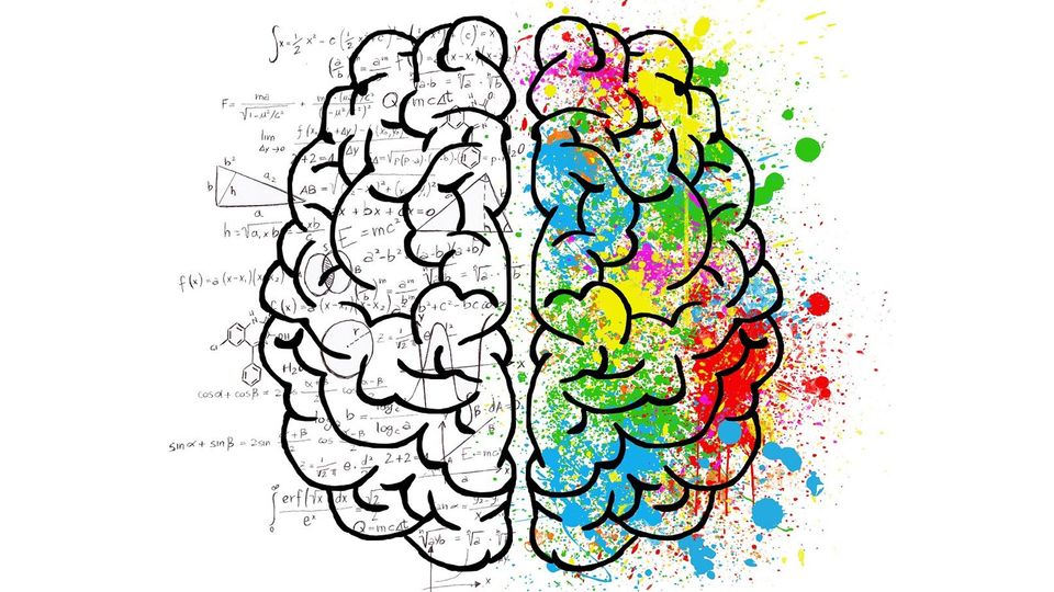 An image of a brain with one half black/white with equations and formulas, the other multi-coloured.
