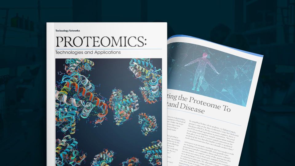 eBook cover showing a detailed illustration of protein structures. The inner page contains an article, with the headline "Using the Proteome to Understand Disease" and an illustration of a human figure surrounded by network-like connections.