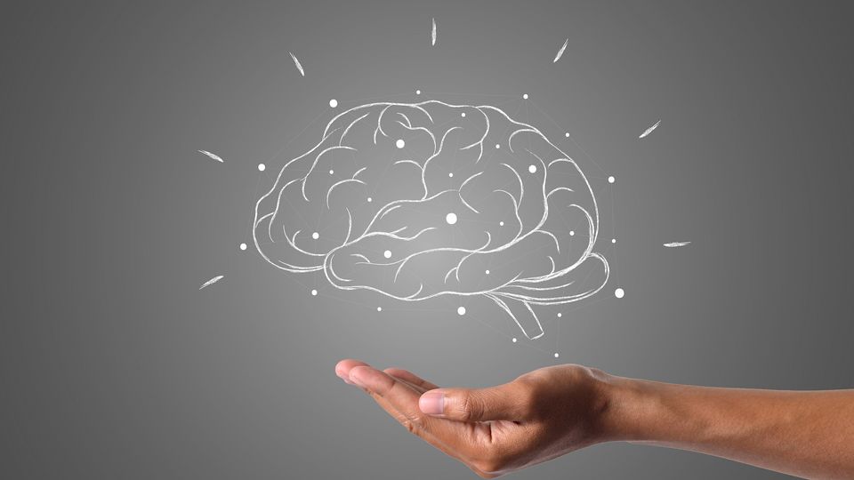 White outline of a brain over a held out palm.