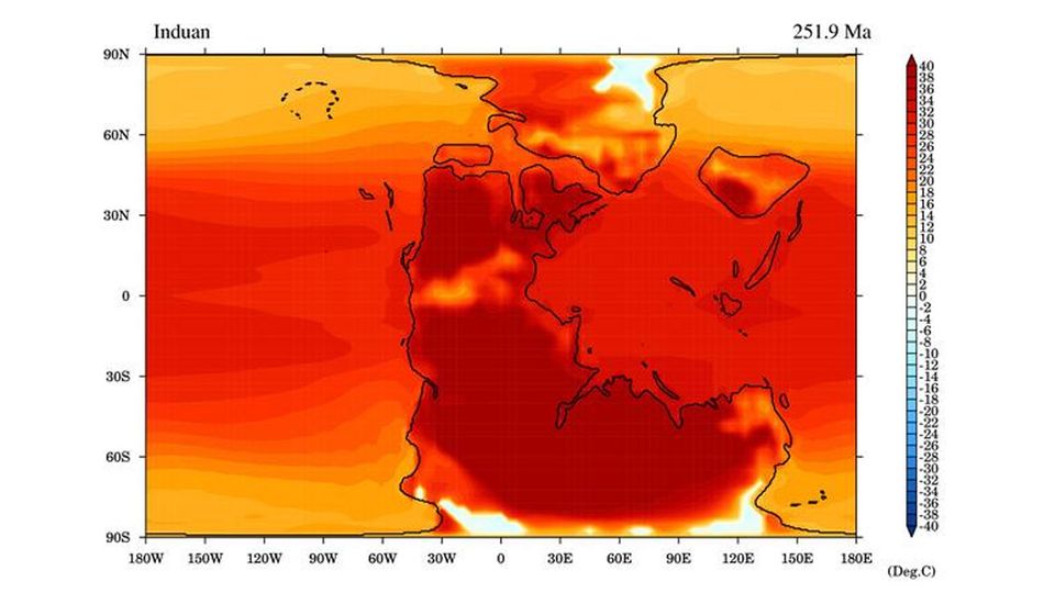 A map showing the surface temperature during the Permian-Triassic mass extinction. The vast majority of the land is hotter than 38°C.