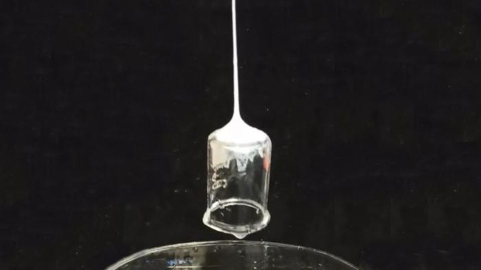 Liquid stream of silk solution solidifies to a fiber, adheres to and lifts a glass laboratory beaker