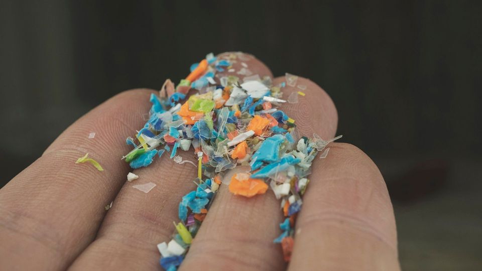 Multicolored microplastics on a person's fingertips.