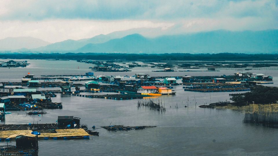 A town surrounded by water.