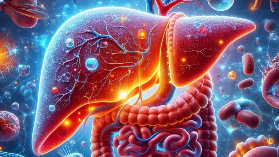 An illustration of the liver, with cells in the background.